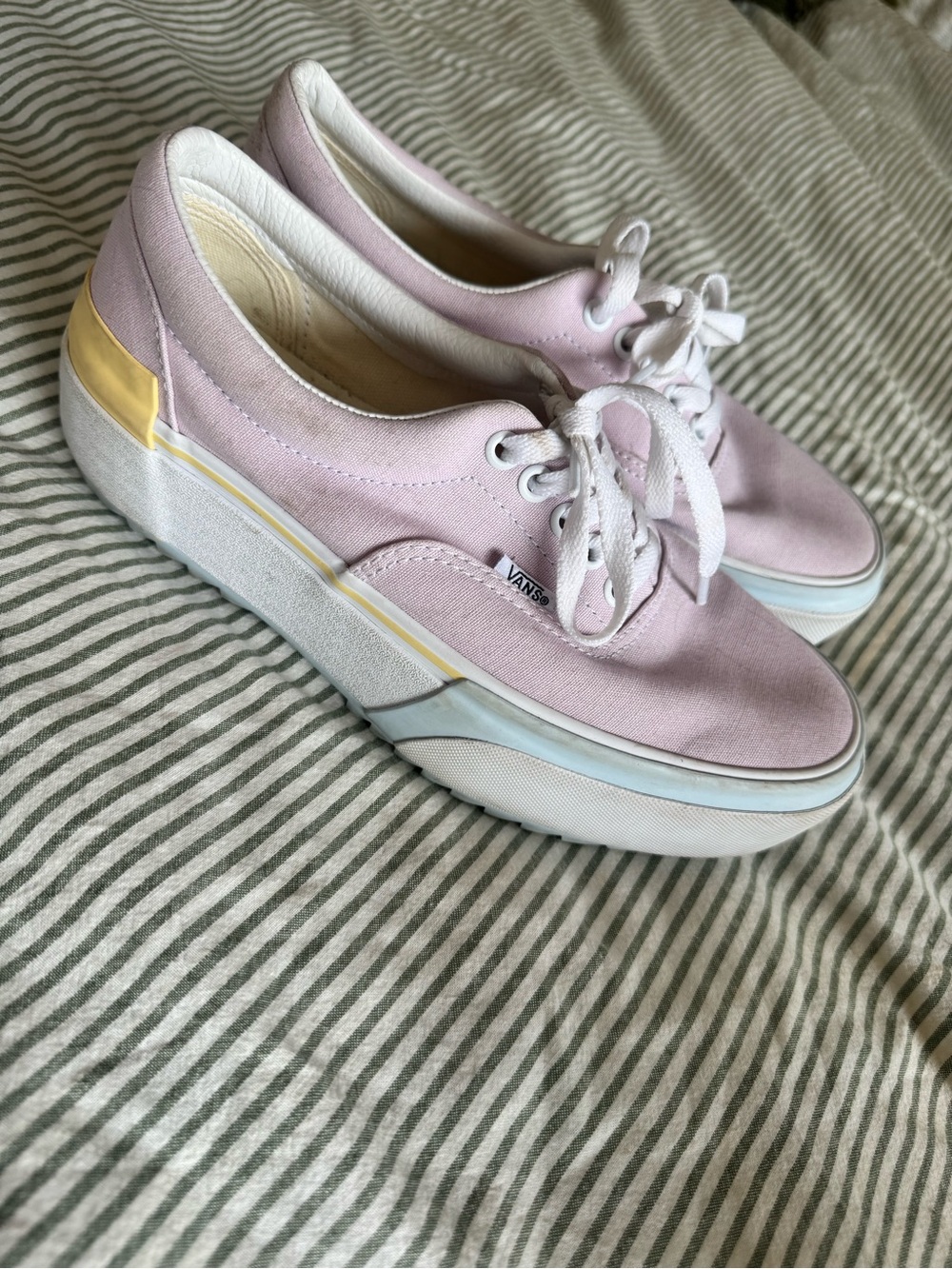 Vans Light Pink Canvas Platform Sneakers with Yellow & Blue Accents